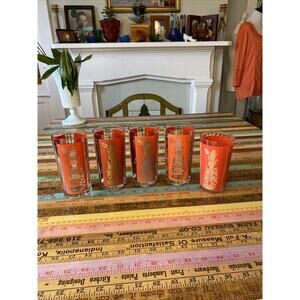 Thai Goddess Glass Mid Century Modern Retro Bar Set of 5 Asian MCM Red Some Wear